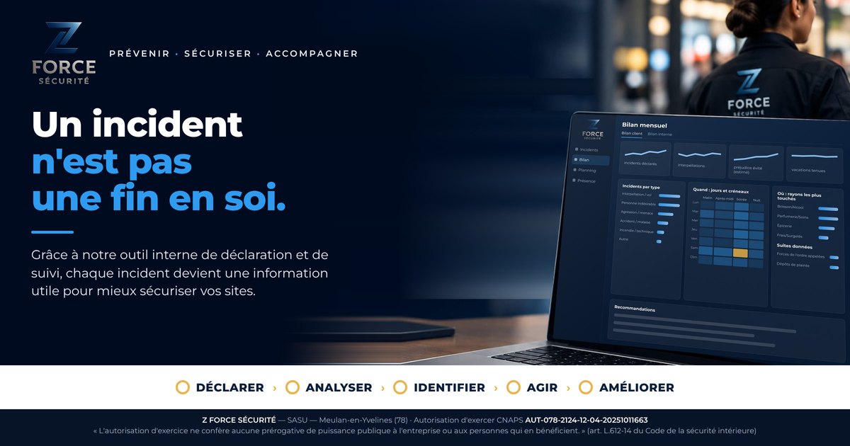 Affiche Z Force Sécurité « Un incident n'est pas une fin en soi » : écran du bilan mensuel d'incidents (types, jours et créneaux, rayons, suites données, recommandations) et les cinq étapes déclarer, analyser, identifier, agir, améliorer